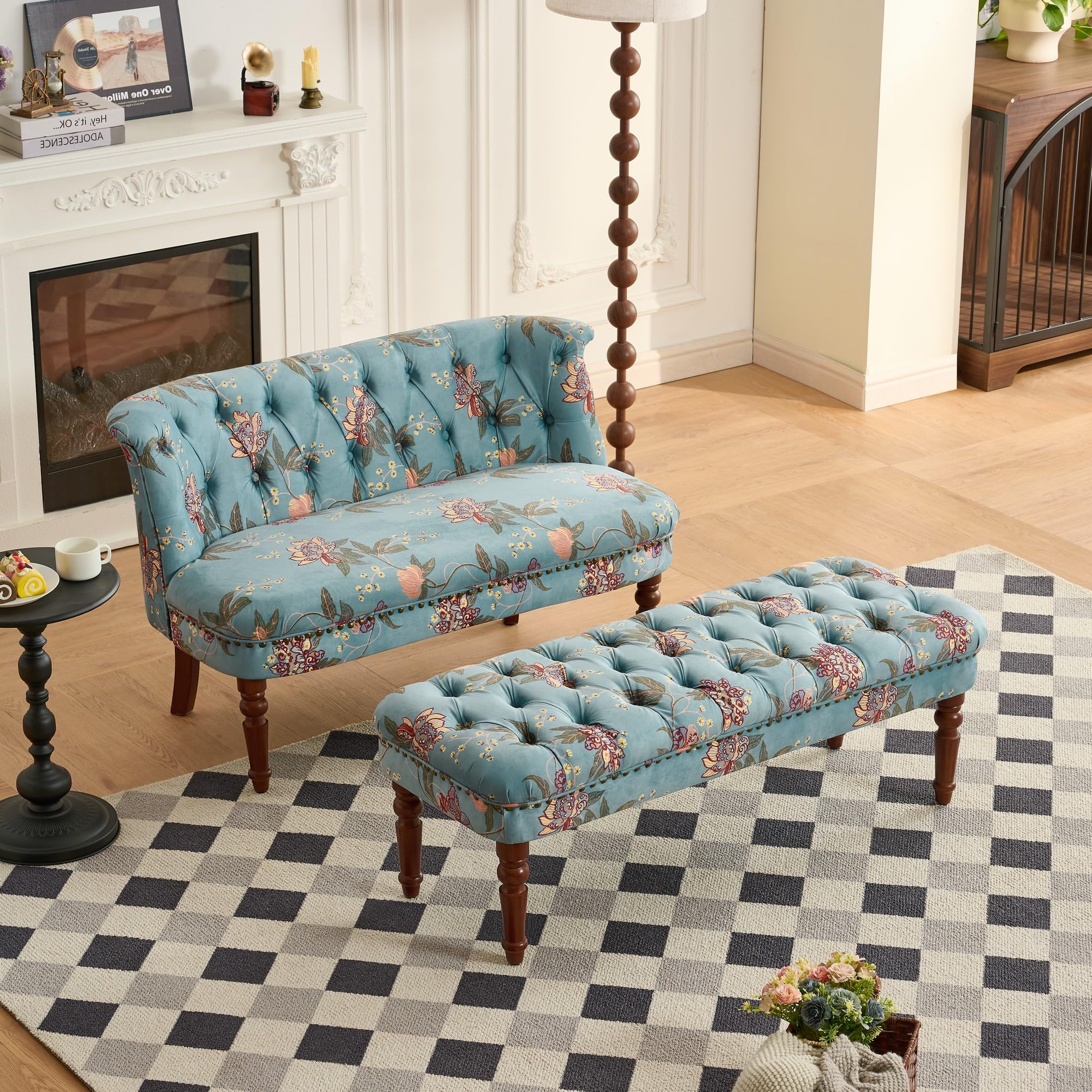 Commercial Fabric Printing - Blue Floral Tufted Accent Chair With